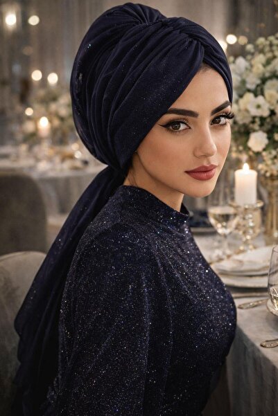 Aişe tesettür شال فستان سهرة أزرق داكن بمشبك / حجاب جاهز