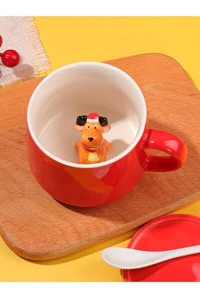 Nacario NrcrioShop كوب بورسلين أحمر مع تمثال غزال صغير ثلاثي الأبعاد - 350 مل...