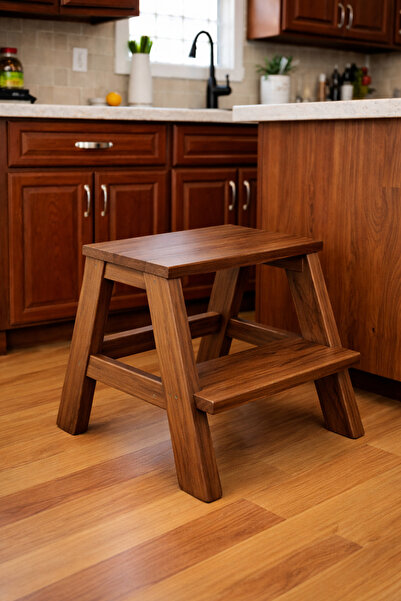 Handmade Ceviz Renk Ahşap Basamak Tabure – 2 Basamaklı