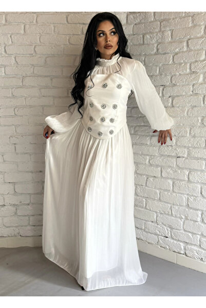 moneta boutique فستان سهرة طويل من الشيفون بحزام حجري للنساء