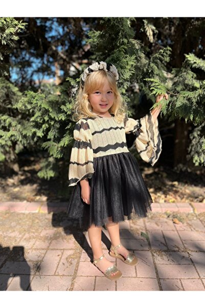 LiliKids Petek Desen Tüllü Elbise (Taç Dahil)