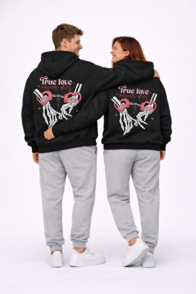 NEVERMIND Lover's Combination True Love Printed Oversize Black Hoodie Set Unisex