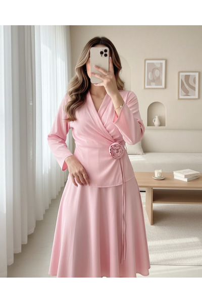 MissRunin Gül Broşlu Yandan Bağlamalı Ceket Etek Keten Takım