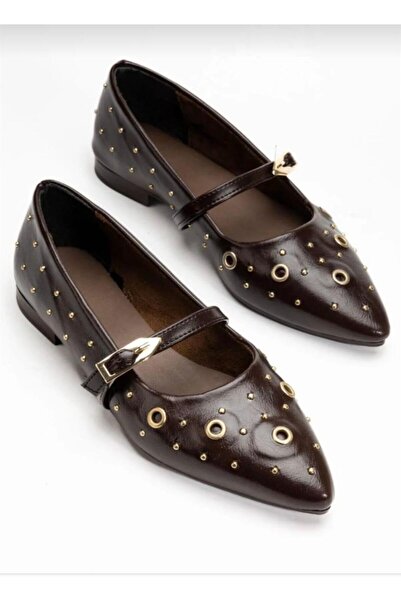 HEDEFAYAKKABI Kadın Siyah Rugan Babet Ayakkabı Tokalı, Zımbalı, Sivri Burun G...