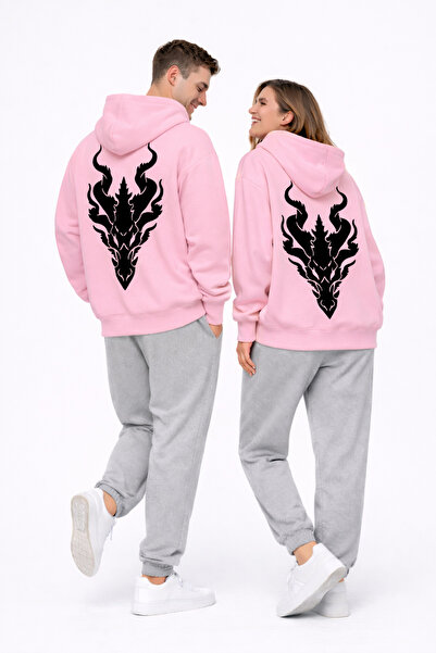 NEVERMIND Unisex Dragon Printed White Lover's Combination Oversize Hoodie Set