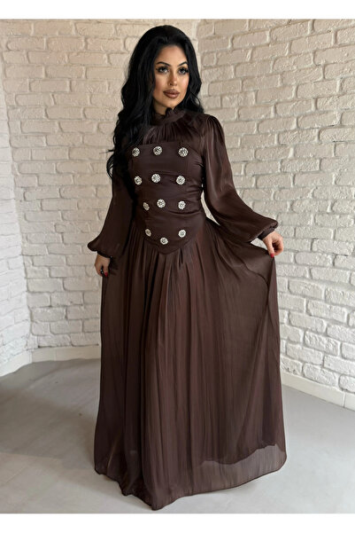 moneta boutique Women's Stoned Corseted Chiffon Long Hijab Evening Dress