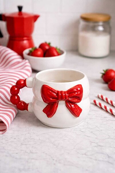 İZart 3D Embossed Red Bow Pattern Custom Embossed Fully Handmade Ceramic Mug