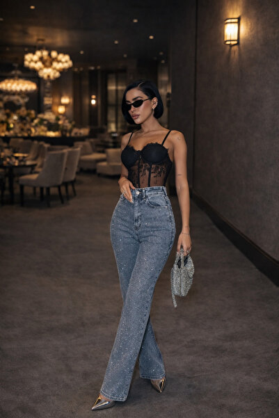 Diviny Women's Stoned Snow Wash Blue High Waist Palazzo Design Jean Trousers