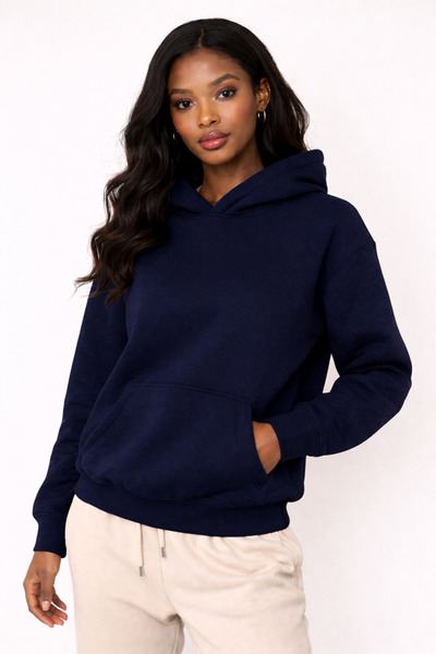 NAKRUF Women's Navy Blue Hooded Sweatshirt with Kangaroo Pocket and Cotton Li...
