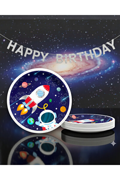 Evabrite طبق حفلة عيد ميلاد بتصميم رائد فضاء - 22 سم |   طبق كرتوني مطبوع لـ ...