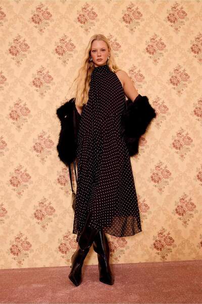 DeFacto Asymmetrical Drape Collar Polka Dot Chiffon Sleeveless Midi Dress G77...