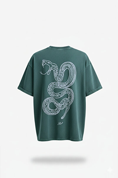 Wonraces Men's Green Oversize Snake Embroidered Special Washed Crew Neck T-Shirt
