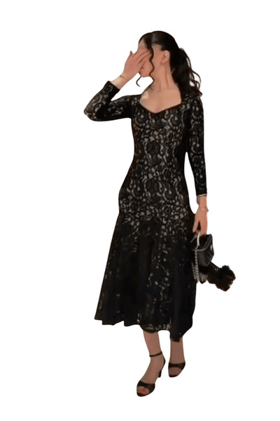 Nice Model Elegant Black Lace Midi Dress Long Sleeve Evening Party Formal Coc...