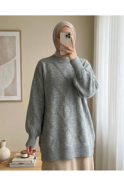 Modamorfo Baklava Patterned Soft Knitwear Tunic - Gray