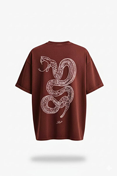 Wonraces Men's Red Oversize Snake Embroidered Special Washed Crew Neck T-Shirt