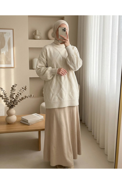 Modamorfo Baklava Patterned Soft Knitwear Tunic - Stone