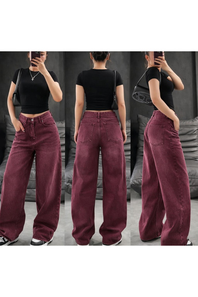 DEEFWEAR Women's Burgundy High Waist Retro Wide Leg Jean Pants