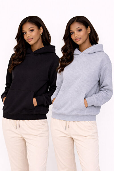 NAKRUF Women's Black-Grey Oversize Hooded Sweatshirt Set of 2 with Kangaroo P...