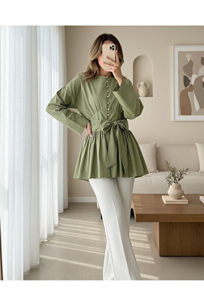 MissRunin Beli Bağcıklı Boydan Taş Düğmeli Tunik