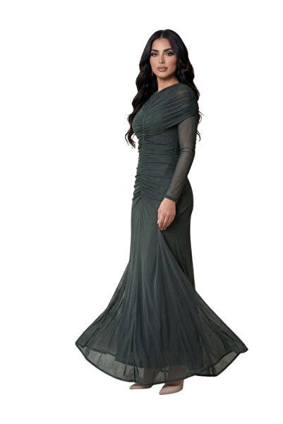 Nice Model Elegant Long Sleeve Evening Dress for Women Ruched Mesh Maxi Gown ...
