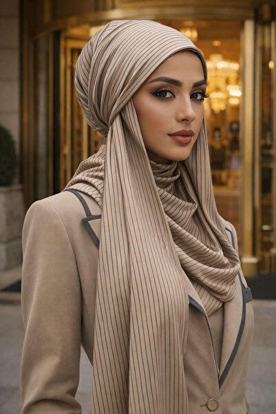 Aişe tesettür Vizon Çizgili Bandana Bone Şal