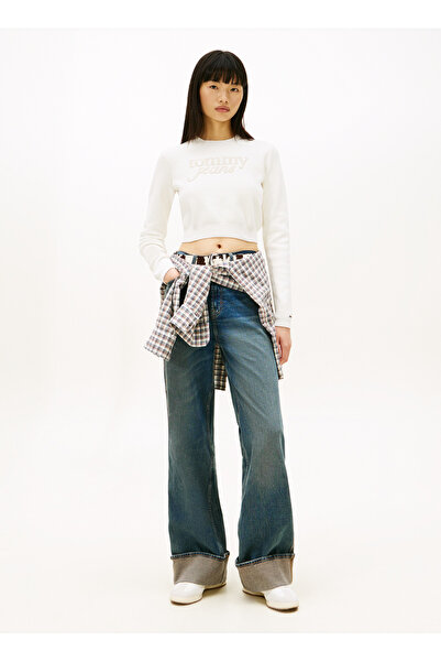 Tommy Jeans Yuvarlak Yaka Standart Nakışlı Beyaz Kadın Kazak TJW CROP CHENILL...