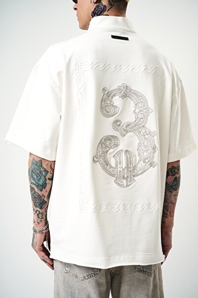 Wonraces Men's White Oversize Embroidered Half Zipper Crew Neck T-Shirt