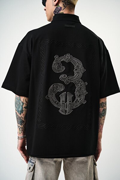 Wonraces Men's Black Oversize Embroidered Half Zipper Crew Neck T-Shirt