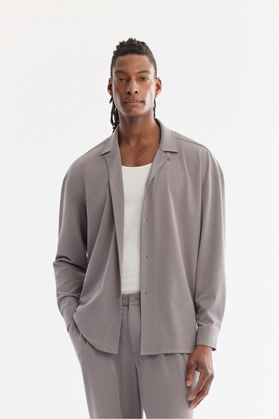 Avva Men's Gray Cuban Collar Lyocell Blended Knitted Oversize Fit Long Sleeve...