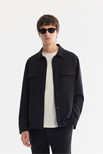 Avva Men's Black Classic Collar Pocket Comfort Fit Long Sleeve Shirt Jacket A...