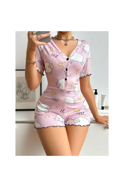 Narnuga Cotton Pink Lamb Patterned Buttoned Long Sleeve Jumpsuit Pajamas