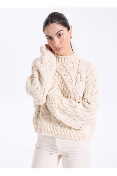 People By Fabrika Ekru Kadın Bisiklet Yaka Relaxed Balıksırtı Kazak PBF5WL-KZ...