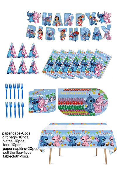 stitchh مجموعة لوازم الحفلات الزرقاء المكونة من 7 قطع (لافتة، أطباق مقاس 7 بو...