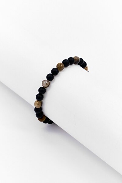 Steeltime Men Tiger Eye And Black Lava Beaded Stretch Bracelet, Black