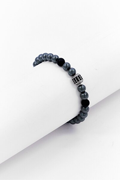 Steeltime Men Lava Hematite Crystal Beaded Stretch Bracelet, Silver