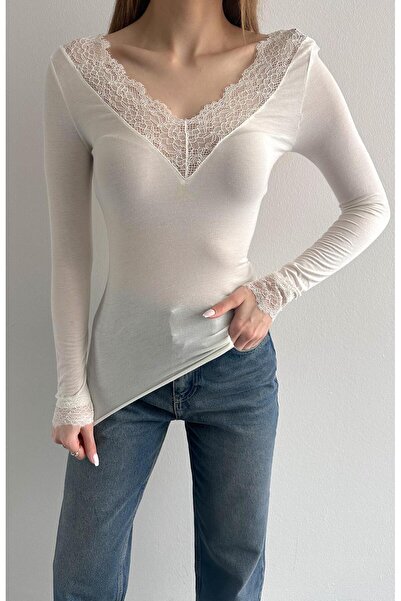 IŞILDA FASHION Dantel detaylı kaşmir bluz