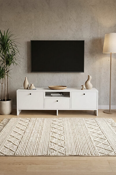 BAGAX WHITE Beyaz Tv Ünitesi | Kapaklı Tasarım, Orta Raflı 43*50*55 inç Ekran...