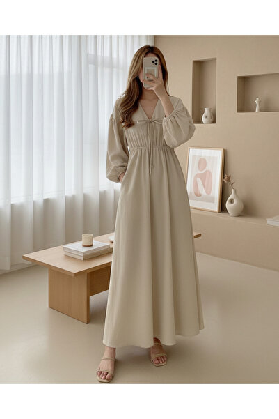 MissRunin Yakası Bağlamalı Kolu Ve Beli Lastikli Müslin Elbise
