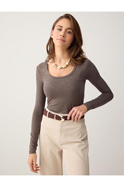 Jimmy Key Kahve Melanj Düz Kesim U Yaka Örme Bluz