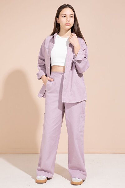 Cansın Mini Girl's Gabardine Suit with Pink Heart Embroidered Shirt and Wide-...