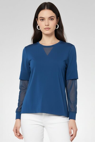 Lacoste Women Round Neck Long Sleeve Plain Tops, Navy