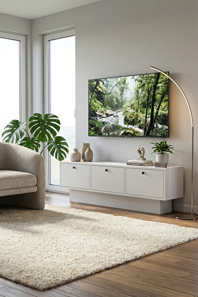 BAGAX WHITE Beyaz Tv Ünitesi | 3 Kapaklı Salon Tv Ünitesi | 43*50*55 inç Ekra...