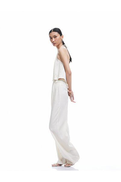 Koton Cotton Textured Embroidered High Waist Straight Wide Leg Trousers