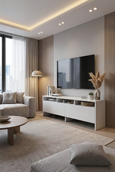 BAGAX Dekoratif Beyaz Tv Ünitesi | Kapaklı, Bölmeli Tv Sehpası - 140 cm