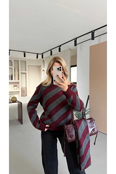 Sezgi Tekin Burgundy-Grey Parallel Striped Knitted Sweater with Scarf