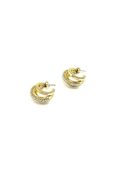 Twenty Eight Triple Look Big Gold Steel Earrings with Zircon Stones in the Ce...