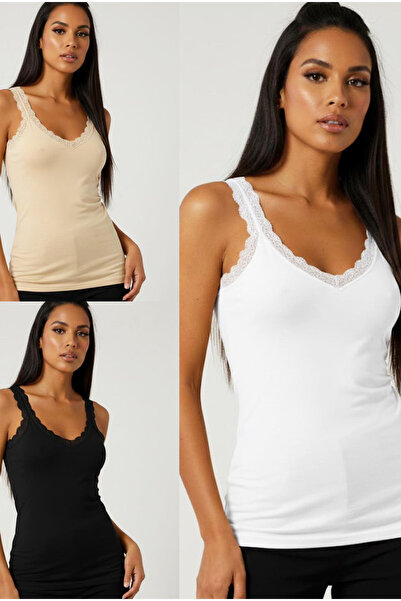 Siyah İnci Black-White-Tan 3-Pack Cotton Lycra Strappy Lace Knitted T-Shirt U...