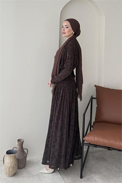 Neşeli Butik Brown Bel Draped Full Length Flock Print Hijab Dress