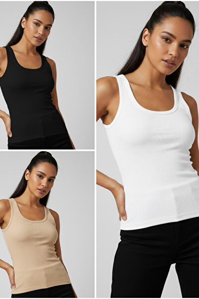 Siyah İnci Black-White-Tan 3-Pack Cotton Lycra Wide Strap Sportsman Knitted T...