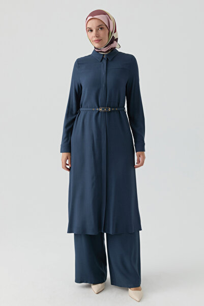 Tuğba Yırtmaçlı Kemerli Uzun Tunik - İndigo